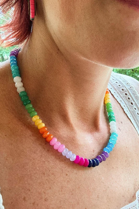 Trendy necklaces and pendants with geometric shapes for a modern aesthetic-Adjustable Rainbow Necklace: Faceted Ombre Multi Color Gemstones