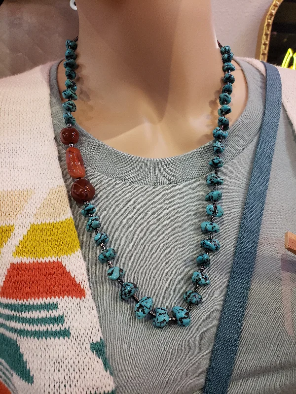 Necklaces and pendants with leaf-shaped designs for an earthy, organic feel-Turquoise, Onyx and Carnelian bead necklace