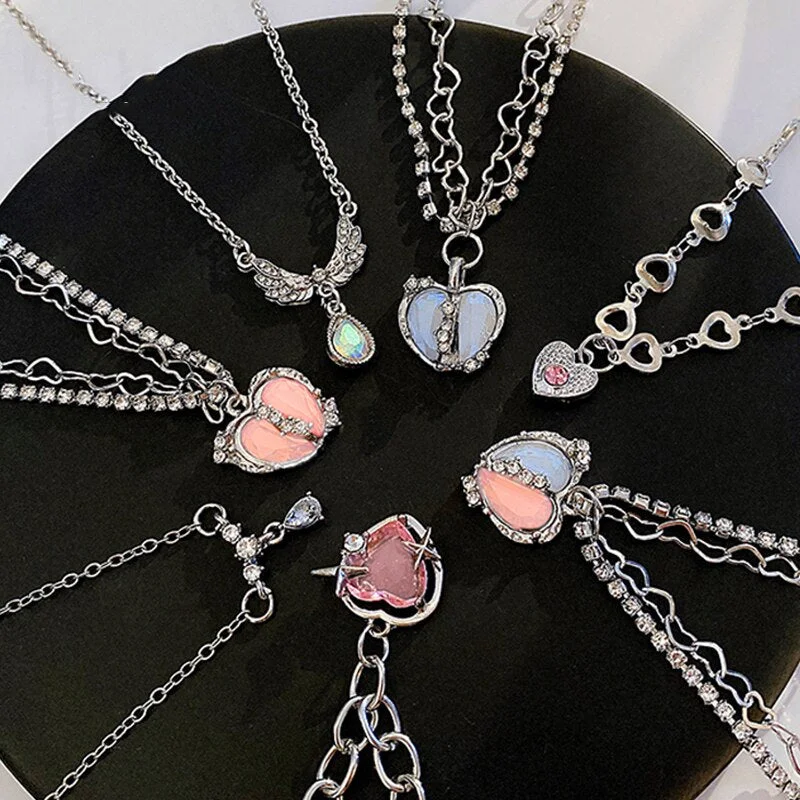 Stylish necklaces and pendants with diamonds for a glamorous and elegant look-Y2K Accessories Peach Heart Water Drop Pendant Necklace Pink Crystal Egirl Sweet Cool Clavicle Chain Aesthetic Jewelry