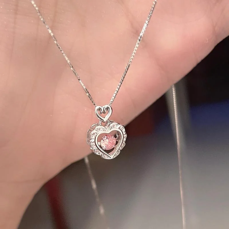 Trendy necklaces and pendants with geometric shapes for a modern aesthetic-Y2K Accessories Hollow Pink Crystal Heart Pendant Necklace Silver Color Chain for Women Wedding Aesthetic Jewelry